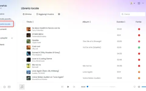 Interfaccia TuneFab, sezione "Libreria locale", utile per organizzare la musica e scoprire come scaricare suonerie gratis.