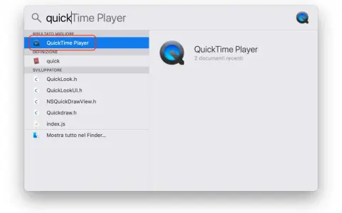 Ricerca "QuickTime Player" per registrare schermo Mac. App selezionata in alto.