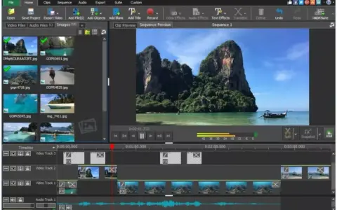 Interfaccia di VideoPad Professional, uno dei programmi per montare video, con clip di paesaggi esotici e timeline di editing.