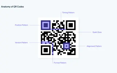 Schema di un **qr code** con etichette che indicano le sue parti: Position Pattern, Timing Pattern, Version Pattern, Format Pattern, Quiet Zone, Alignment Pattern.