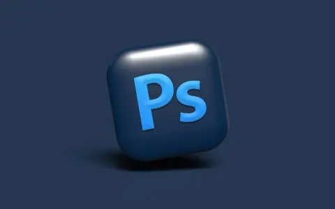 Icona 3D di Photoshop con lettere blu su sfondo blu scuro. Ottieni il tuo photoshop gratis!