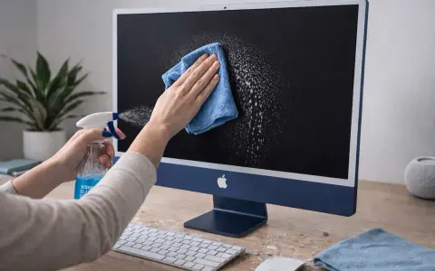 Mani che spruzzano liquido per pulire schermo pc con un panno azzurro su un iMac blu.