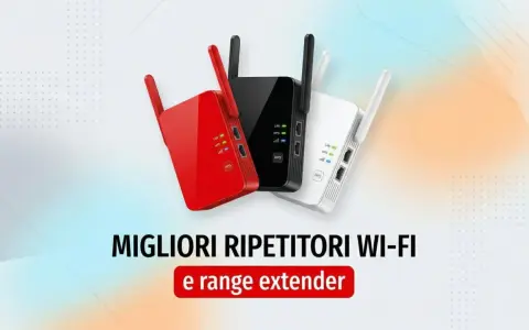 Tre ripetitori Wi-Fi in rosso, nero e bianco mostrano come funziona un range extender per ampliare la copertura di rete.