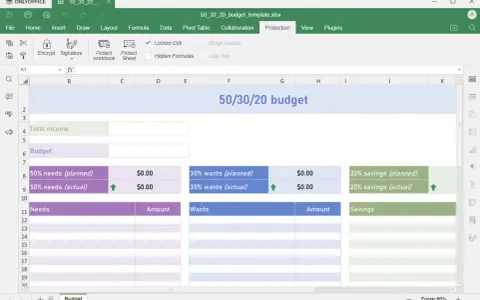 Interfaccia di ONLYOFFICE per rimuovere protezione foglio excel. Il foglio mostra un modello di budget 50/30/20 con sezioni per bisogni, desideri e risparmi.
