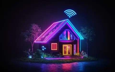 Casa futuristica illuminata da neon, con segnale Wi-Fi luminoso. La fibra FTTC porta la connessione ultraveloce in questa dimora smart.