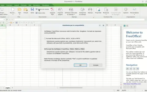 Assistente compatibilità SoftMaker FreeOffice, un pacchetto office gratis, per scegliere formati file predefiniti.