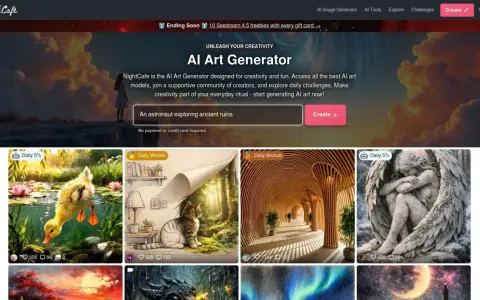 NightCafe, un AI Art Generator, offre un'interfaccia per creare arte digitale. Mostra un'anatra, un gatto, un tunnel e un angelo.