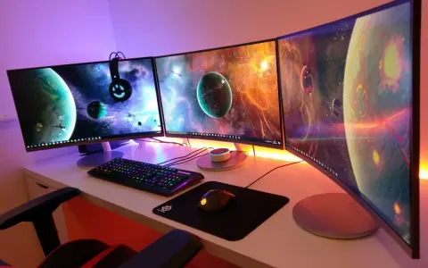 Postazione gaming con tre monitor curvi che mostrano pianeti spaziali. La tastiera e il mouse sono illuminati, pronti per ruotare schermo pc e immergersi nell'avventura.