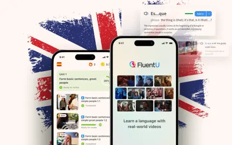 Due smartphone mostrano l'app FluentU per imparare inglese, con video e lezioni. La bandiera britannica sullo sfondo simboleggia la lingua.
