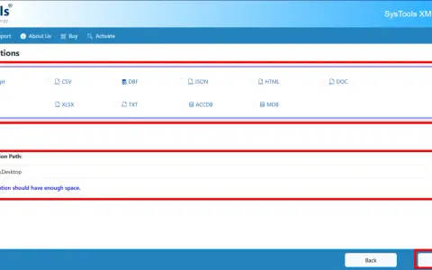Opzioni di esportazione per convertire file XML in PDF, CSV, DOC, ecc. Seleziona il percorso di destinazione per salvare i file.