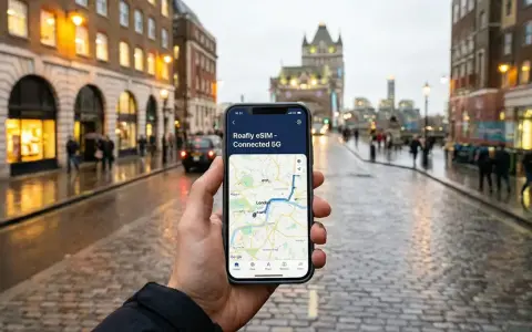 Mano che tiene uno smartphone con mappa di Londra e connessione 5G, sullo sfondo una strada bagnata e palazzi caratteristici.