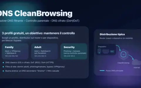 Profili DNS CleanBrowsing per Android: Family, Adult, Security. Gestisci il traffico internet con filtri e DNS cifrato.