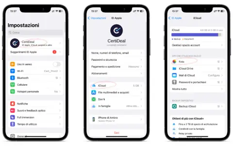 Schermate iPhone: "dati di sistema iPhone occupa troppo spazio" è un problema comune. Qui si vede come lo spazio iCloud è quasi pieno, con Foto che occupa gran parte dello spazio.