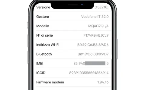 Dettagli iPhone: versione, gestore Vodafone, modello, numero di serie, Wi-Fi, Bluetooth, ICCID e il codice IMEI.