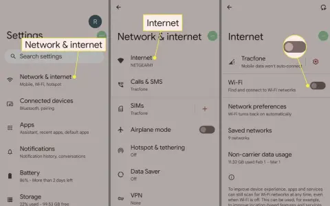 Impostazioni del telefono: "Rete e Internet" e "Hotspot & tethering".
