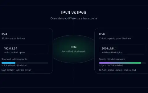 Confronto tra IPv4 (spazio limitato) e IPv6 (spazio quasi illimitato), con esempi di indirizzi e caratteristiche.