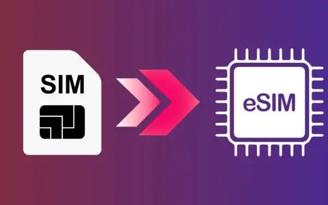 Icona SIM che si trasforma in eSIM, simboleggiando il passaggio alla tecnologia digitale.
