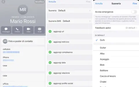 Schermata di un iPhone che mostra come impostare una canzone come suoneria per un contatto, con opzioni come "Gufo" e "Guitar".