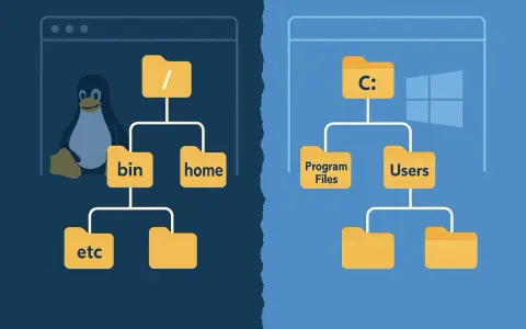 Linux and Windows folder structures side-by-side, with a penguin and C: drive icons.