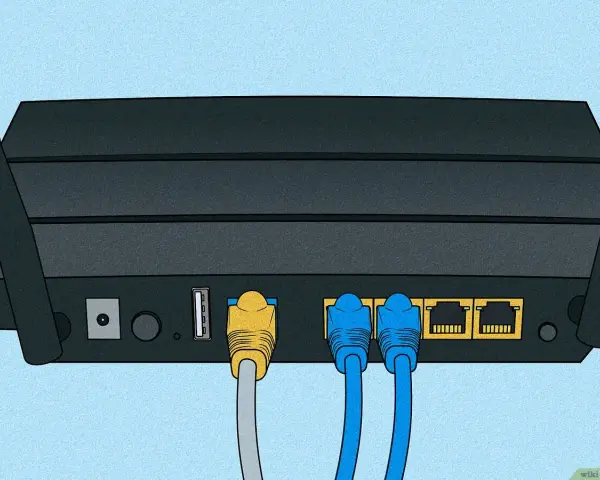 Connessione cavi Ethernet al router per configurare il wifi. Porta USB e porte LAN visibili.
