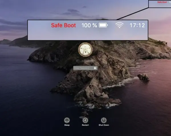Schermata di login Mac in modalità provvisoria. Per uscire da "Safe Boot", riavvia il Mac normalmente.