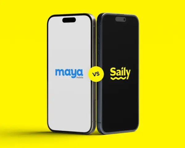 Due smartphone affiancati su sfondo giallo. Uno mostra il logo "maya mobile", l'altro "Saily". Confronto tra servizi eSIM.
