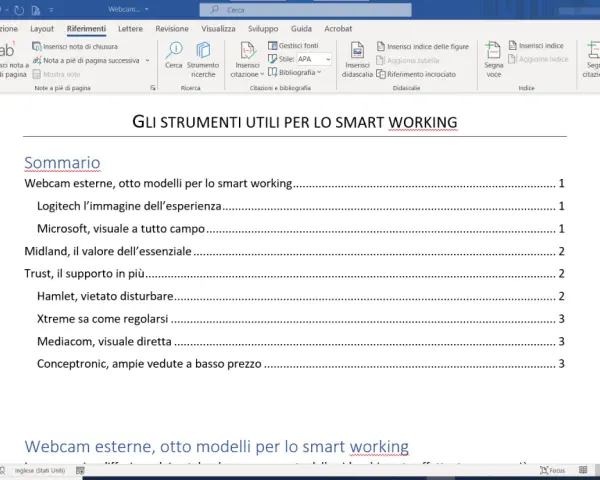 Il sommario di un documento su strumenti per lo smart working, con voci come webcam e Logitech.