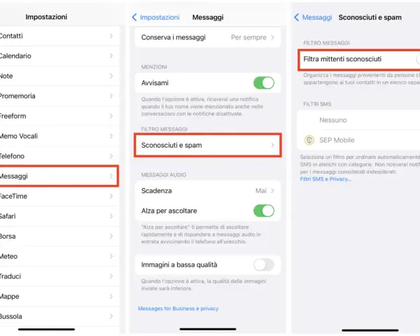 Impostazioni Messaggi: come bloccare chiamate spam filtrando mittenti sconosciuti e spam.