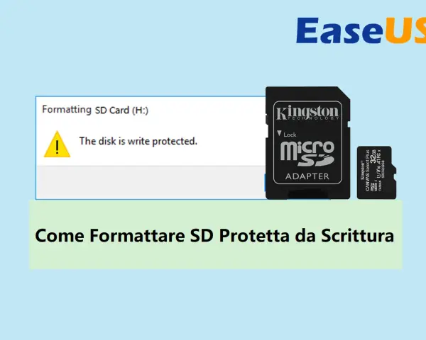 Immagine mostra come formattare scheda SD protetta da scrittura. Un messaggio di errore indica che il disco è protetto.