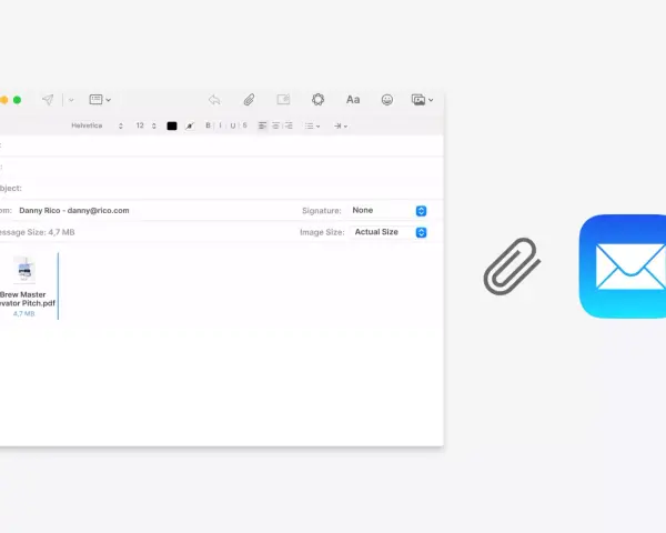 Interfaccia email con allegato PDF. L'opzione "Image Size: Actual Size" suggerisce la possibilità di cambiare estensione file o le sue dimensioni.