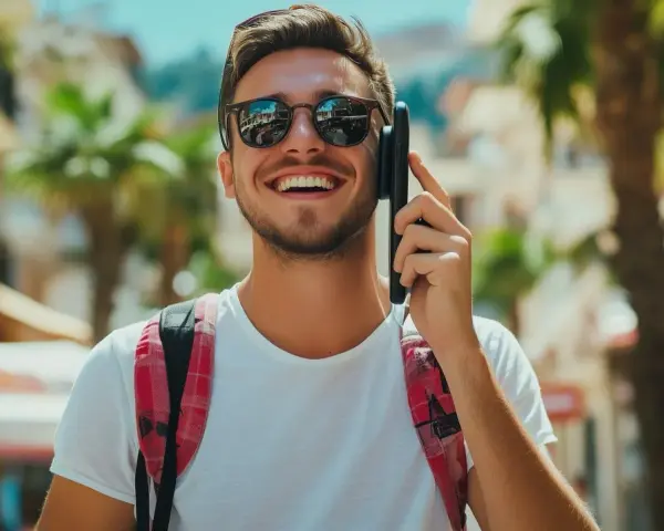 Giovane sorridente al telefono, con uno zaino a quadri rossi. Forse sta parlando con operatori telefonici in Canada, godendosi il sole.