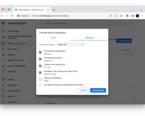Impostazioni Chrome per eliminare file inutili dal PC: cronologia, cache e cookie.