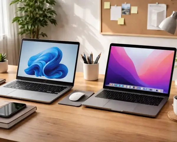 Due laptop su una scrivania di legno. Uno mostra Windows 11, l'altro macOS. Ideale per chi cerca il **Play Store PC** e altre app.