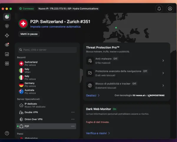 Interfaccia VPN che mostra la connessione a Zurigo, Svizzera, con opzioni per cambiare indirizzo IP e proteggere la navigazione.