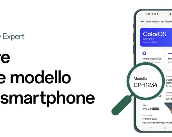 Un uomo guarda il suo smartphone OPPO, con una lente d'ingrandimento che evidenzia il modello CPH1234. Che telefono è questo?