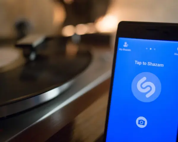 Smartphone con app Shazam aperta, pronto a identificare un brano. Sullo sfondo, un giradischi vintage.