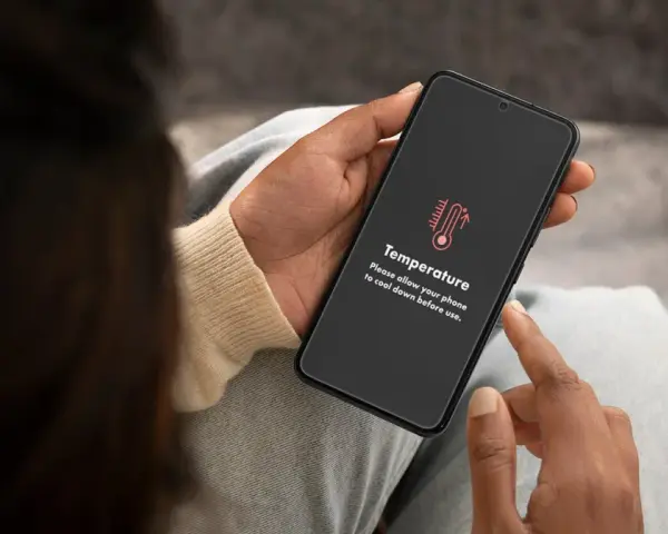 Mani che tengono uno smartphone con un messaggio di avviso "Temperatura". È ora di capire come raffreddare il telefono.