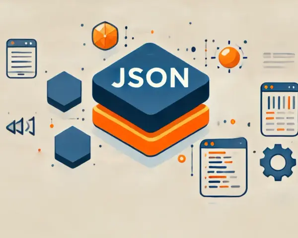 Icone stilizzate che rappresentano il formato file JSON, con elementi grafici come un globo, ingranaggi e finestre di codice.