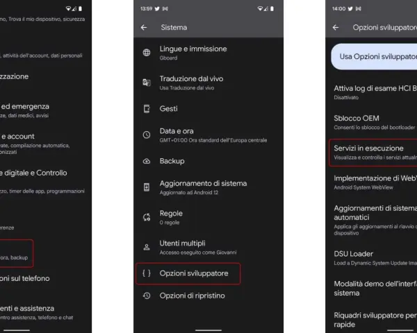 Guida per togliere la pubblicità dal cellulare: accedi a Sistema > Opzioni sviluppatore > Servizi in esecuzione.