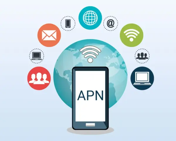 Smartphone con scritta APN, circondato da icone di connessione e servizi, simboleggia la connettività globale.