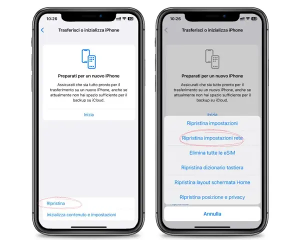 Schermate iPhone che mostrano come ripristinare le impostazioni di rete, un passaggio utile per risolvere problemi di connessione, prima di pensare a come attivare hotspot su iPhone.