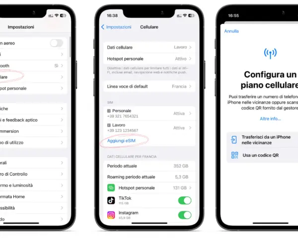 Configurazione piano cellulare su iPhone 13 con eSIM.