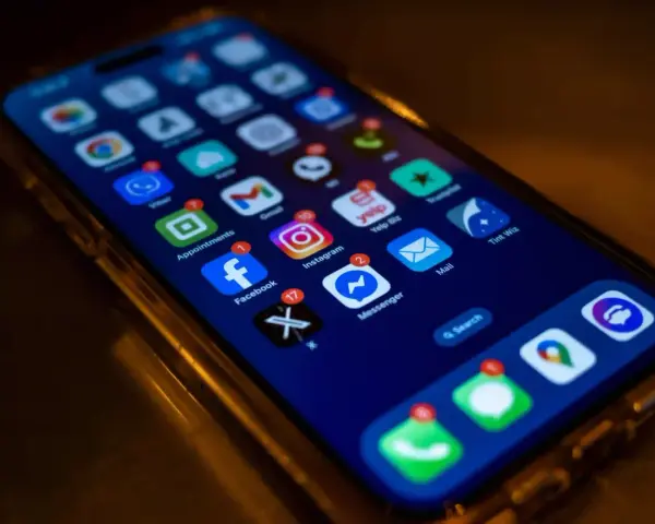 Schermata di un iPhone con varie app attive, tra cui Facebook, Instagram e Mail. I dati cellulare sono attivi per navigare.