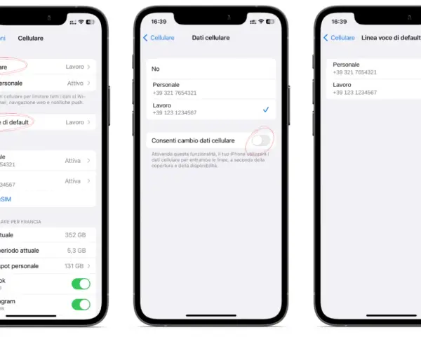 Impostazioni cellulare per dual SIM: scelta dati, hotspot, linea voce di default e gestione SIM.