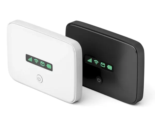 Due saponette WiFi, bianca e nera, mostrano indicatori luminosi verdi per segnale, connessione, messaggi e batteria. Ecco come funziona la saponetta WiFi.