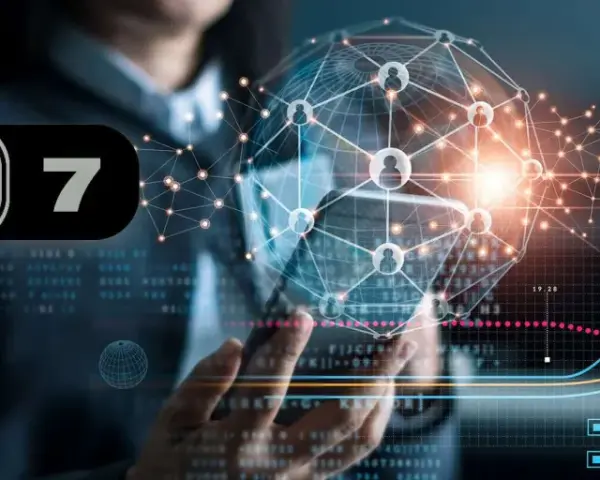 Logo Wi-Fi 7 su sfondo di rete globale e grafici di dati.