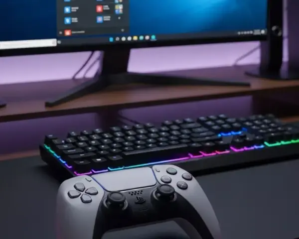 Controller DualSense PS5 pronto per essere collegato al PC. Tastiera e mouse RGB completano la postazione gaming.