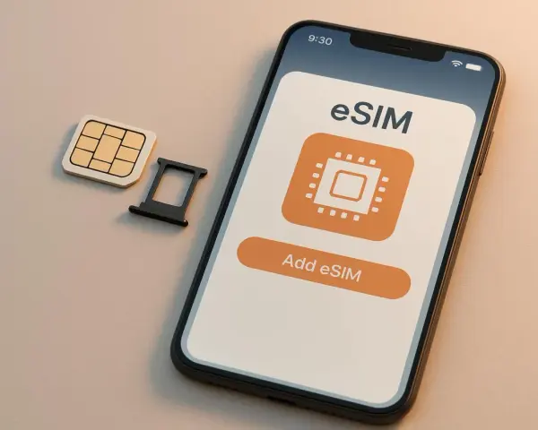 Smartphone con opzione "Add eSIM" e SIM fisica accanto, ideale per chi viaggia e fa roaming USA.