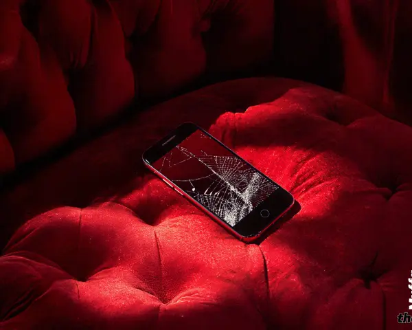 Telefono con schermo rotto su un divano rosso. Non riesco a spegnere il telefono, è bloccato.