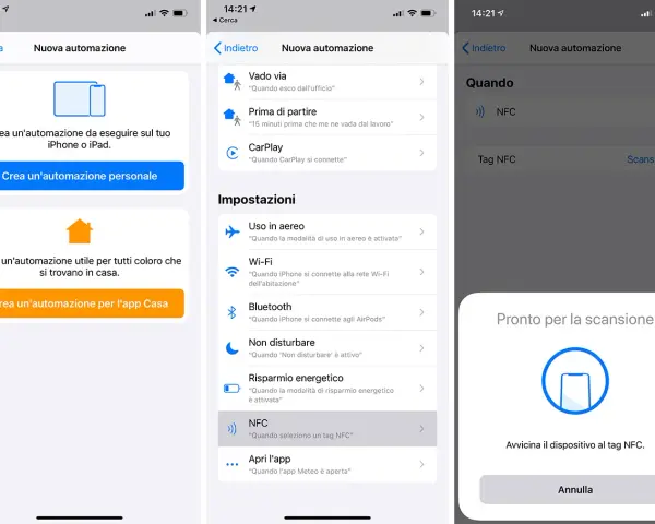Configurazione automazione iPhone: seleziona NFC per creare un'azione con tag NFC.